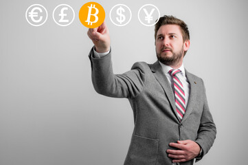 Portrait of business man wearing business clothes using touchscreen