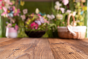 Easter theme. Easter eggs. Colorful tulips. Easter baskets. Rustic wooden table. 