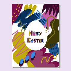A vector abstract greeting card illo with lettering Happy Easter. An egg against the bright background with trendy colours. Celebration of spring with geometric figure ornament in modern color scheme.