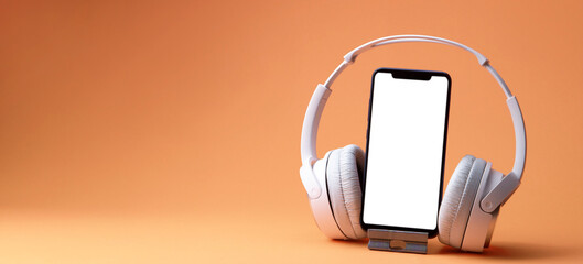 White headphones with smartphone mockup, isolate on orange, music online concept.