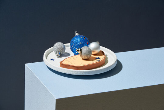 New year decorations on silver plate indoor.