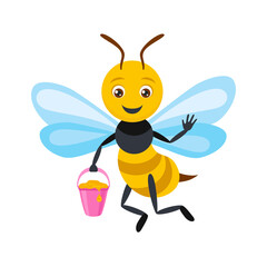 Cute cartoon bee with a bucket of honey. Vector flat illustration. Children's simple illustration.