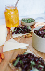 summer charcuterie with cherry relish and cheese