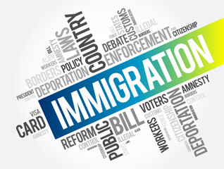 Immigration word cloud collage , social concept background