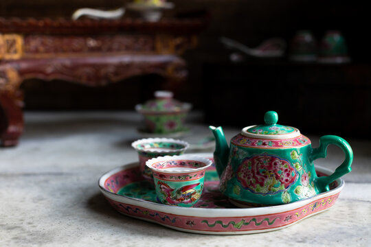 Peranakan Tea Cups and Tea pot