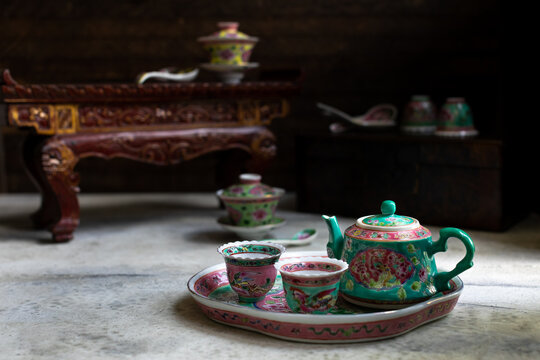 Peranakan Tea Cups and Tea pot