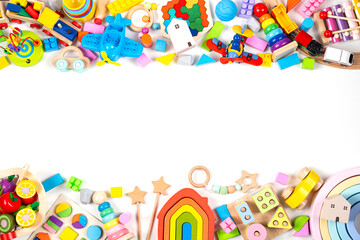 Baby kids toy frame. Colorful educational toys on white background. Top view, flat lay, copy space for text