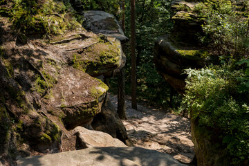 Naklejka na ściany i meble path between rock formation made from sandstones inside of a forest