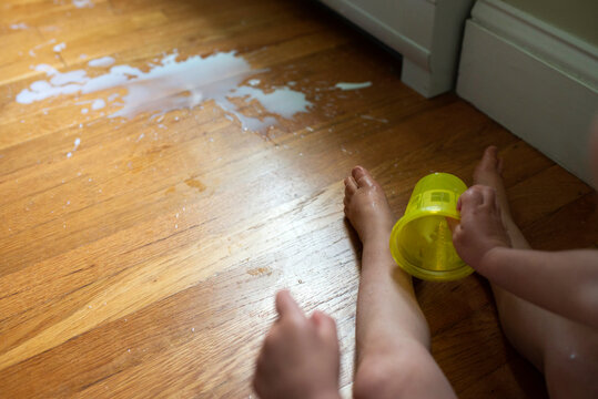 Toddler Points to Spilled Milk Mess