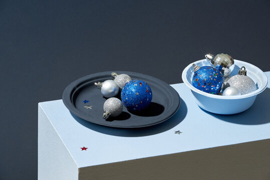 Beautiful still life with round blue christmas decorations.