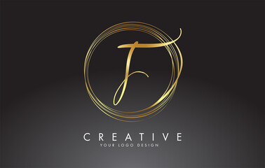 Handwritten F Golden Letters Logo with a minimalist design. F Icon with Circular Golden Circles.