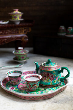 Peranakan Tea Cups and Tea pot