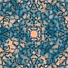 abstract background with rusty metal seamless kaleidoscope pattern, blue hue. Digitally created 3d illustration