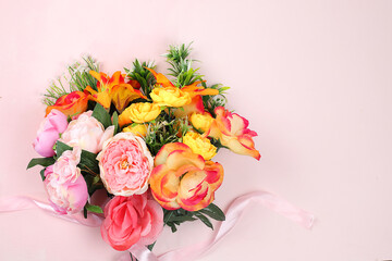 Abstract spring or summer composition, Holiday concept with flowers, still life, banner. Greeting card for mothers day, womens day, lovers day, happy birthday, wedding, selective focus,
