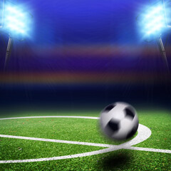 Center of a field with a ball in motion on a stadium with floodlights and flashes at night