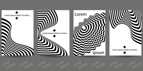 Black and white minimal geometric backgrounds set.Striped geometric pattern with visual distortion effect.  For printing on covers, banners, sales, flyers. Modern design. Vector. EPS10