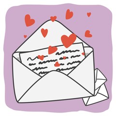 An open envelope with a letter and flying out hearts. Love letter. A symbol of good news. Vector illustration