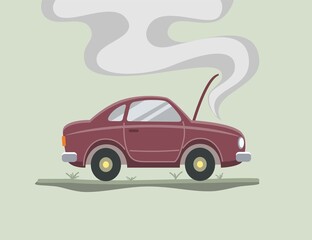 Broken car in cartoon style. A car with an open hood and smoke from it. Vector illustration.