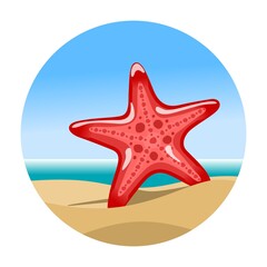 Fototapeta na wymiar Simple illustration of red sea star in sand on seashore. Flat vector illustration.