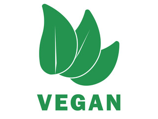 Vegan goods icon.  Vegan logo. Green leaves and the inscription vegan.Three leaves symbol
