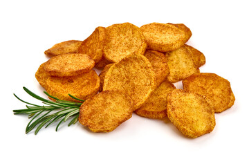 Fried Potato slices with chili pepper, isolated on white background. High resolution image