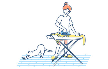 家事をする人物セット　アイロンがけをする女性　イラスト © Hinageshi