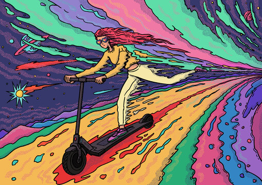 Illustration Of Young Cute Redhead Girl Riding An Electric Scooter On Colorful Fantasy Planet