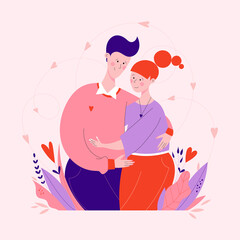 Adorable romantic couple cuddling. Man and woman hugging and looking at each other with love. Happy young lovers. Valentine day concept vector flat characters illustration. Guy hugs girl. Hugging Day