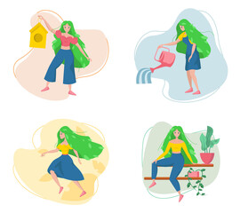Spring girl in different actions. Set of seasonal concept arts
