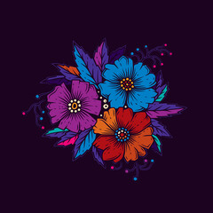 Original vector illustration in neon style. A bright bouquet of flowers.
