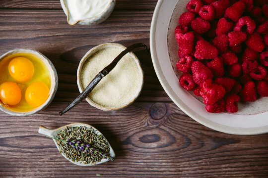 Food ingredients for a raspberry and lavender batter pudding