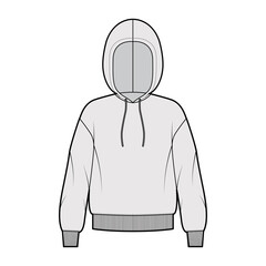 Hoody sweatshirt technical fashion illustration with long sleeves, oversized body, knit rib cuff, banded hem, drawstring. Flat medium apparel template front, grey color. Women, men, unisex CAD mockup