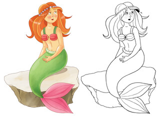 The little mermaid. Fairy tale. Coloring page. Illustration for children. Cute and funny cartoon characters © Hasmik