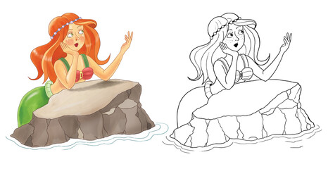 The little mermaid. Fairy tale. Coloring page. Illustration for children. Cute and funny cartoon characters © Hasmik