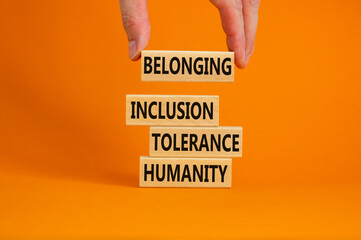 Humanity, tolerance, inclusion, belonging symbol. Wooden blocks with words humanity, tolerance, inclusion, belonging on beautiful orange background. Tolerance, humanity, inclusion, belonging concept.