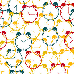 Seamless pattern with multicolored alarm clocks. 