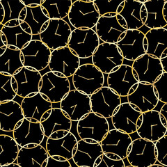 Seamless pattern with gold watches on a black background. 