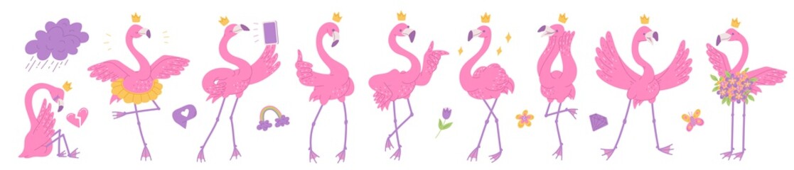 Cute pink flamingos princesses with crown on the head and different emotions. African bird characters cartoon flat illustration isolated on white background.