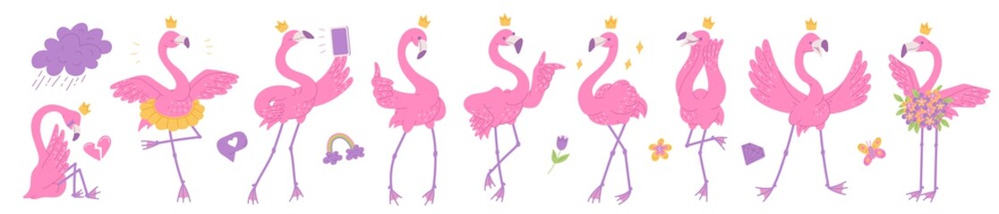 Cute pink flamingos princesses with crown on the head and different emotions. African bird characters cartoon flat illustration isolated on white background. © Marina Tab