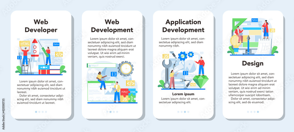 Poster web development mobile application banner set. website optimization