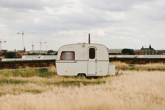 white caravan on top of a roof