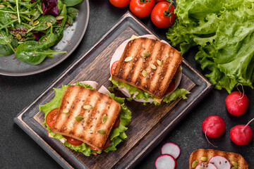 Delicious sandwich with crisp toast, ham, lettuce and tomatoes