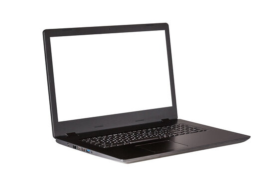 Modern black laptop with blank white screen isolated on white background