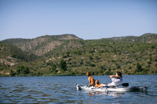 Man with dogs resting on boat