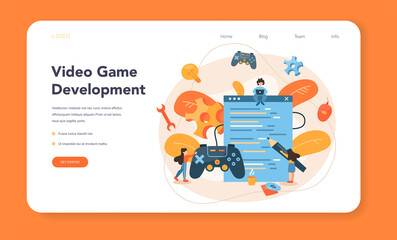 Game development web banner or landing page. Creative process
