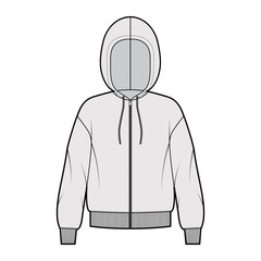 Zip-up Hoody sweatshirt technical fashion illustration with long sleeves, oversized body, knit rib cuff, banded hem. Flat apparel template front, back, color style. Women, men, unisex CAD mockup