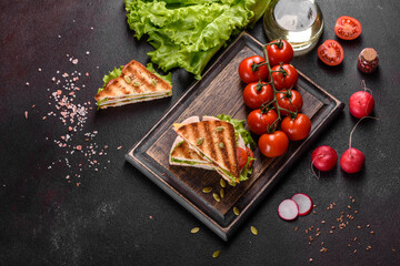 Fototapeta na wymiar Delicious sandwich with crisp toast, ham, lettuce and tomatoes