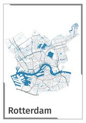 Rotterdam map poster, administrative area plan view. Black, white and blue detailed design.
