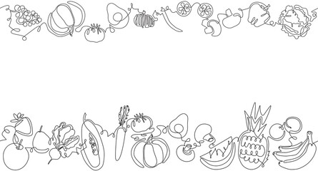 Two top and bottom Seamless Patterns with Fruits, Vegetables and empty space for text. Vector Background. One line art Style. Frame with organic food. Can be also yused like Banner, Flyer, Texture