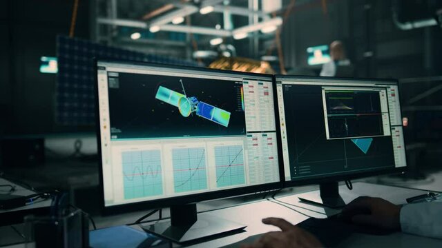 Male Engineer Uses Computer while Working on Satellite Construction. Aerospace Agency: Diverse Team of Scientists Overseeing Building and Assembly of Spacecraft for Space Exploration Mission.